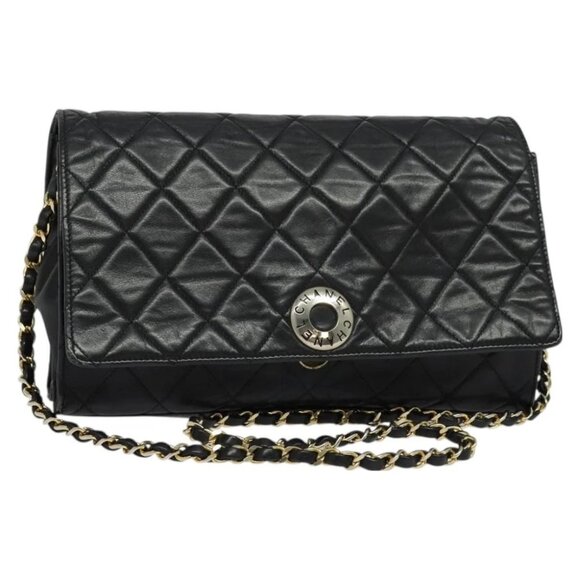 CHANEL Matelasse Chain Shoulder Bag Lamb Skin Black Gold CC Auth PP673 - Picture 1 of 14